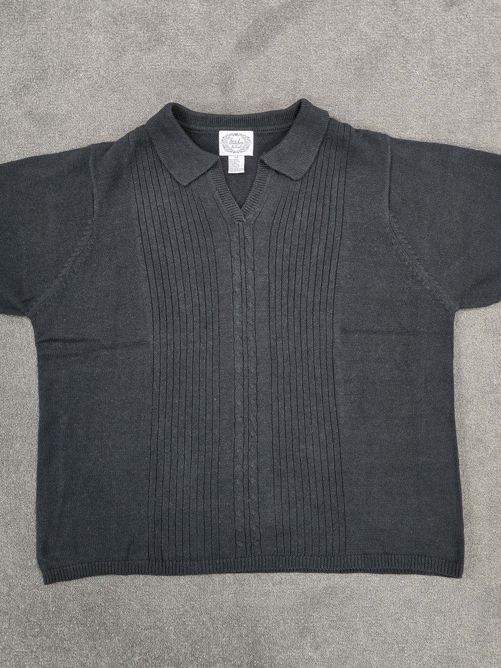 Vintage Stitches in Time Black Knit Collared Short Sleeve Sweater Top 2X